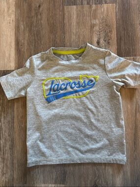 Vineyard Vines Gray Tee with Blue Lacrosse Script and Yellow Accents